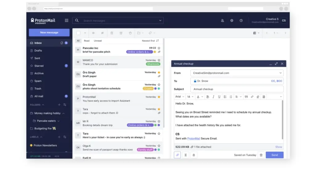 The latest user interface of ProtonMail.