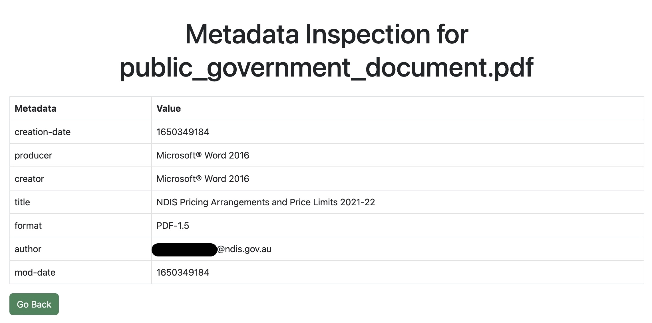 TaskMate's Metadata Inspector showing an email address belonging to a government employee, found in a public governemnt document.